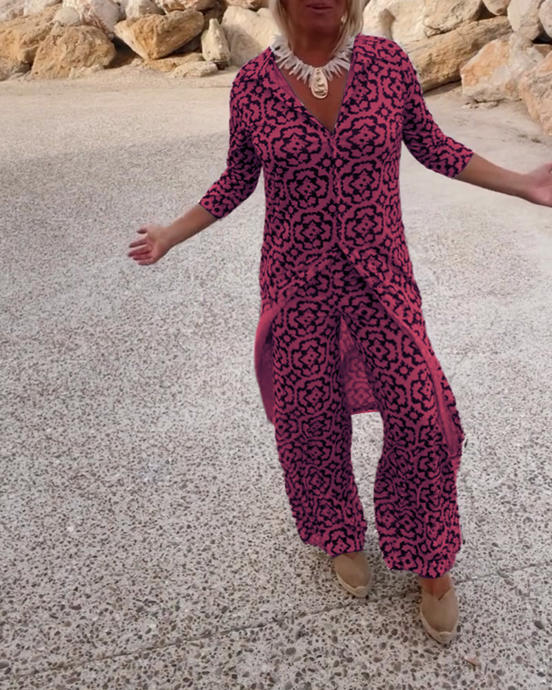 Lydia | Completo con tunica stampata con scollo a V e pantaloni a gamba larga