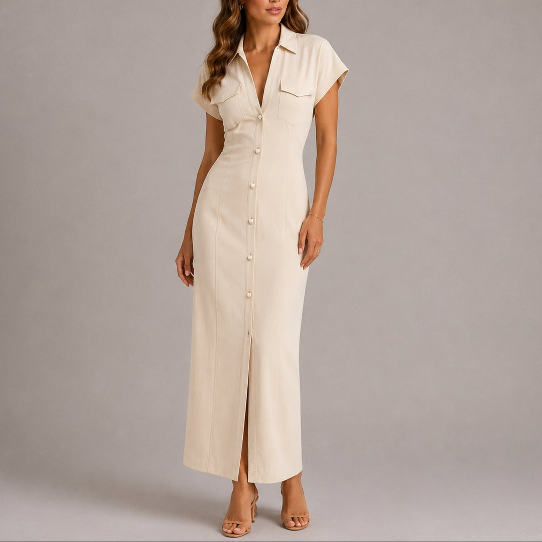 Christina | Chic e raffinato abito lungo autunnale da cerimonia stile camicia