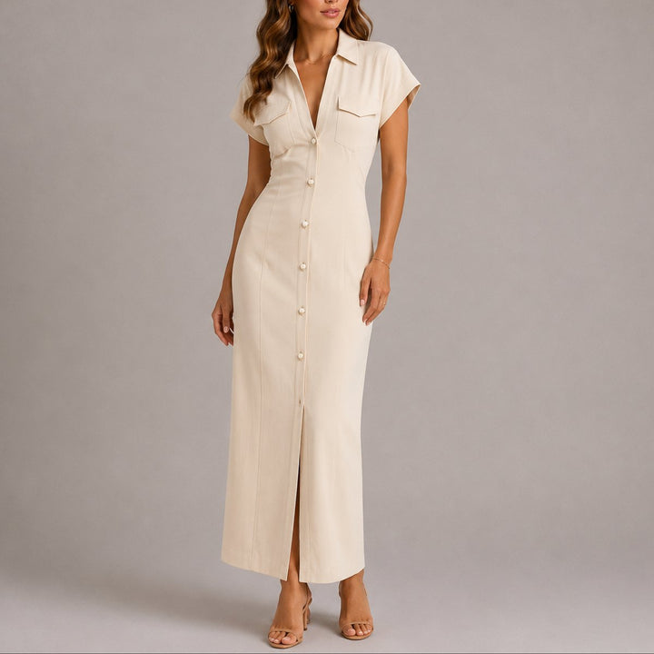 Christina | Chic e raffinato abito lungo autunnale da cerimonia stile camicia