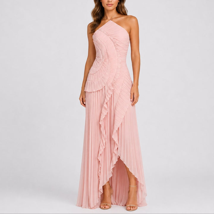 Arabella | Robe longue romantique et fluide à col licou pour mariage d’automne