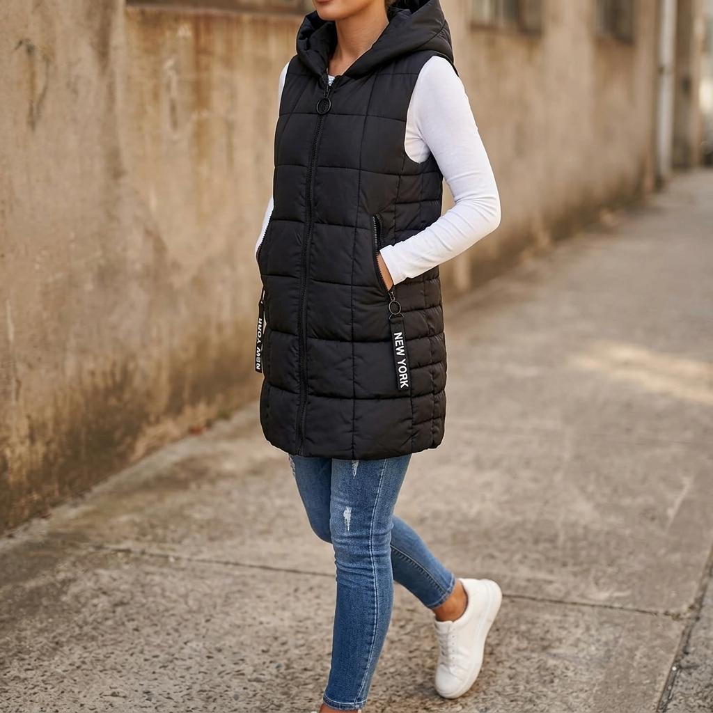Covara | Long Quilted Puffer Vest with Hood for Women
