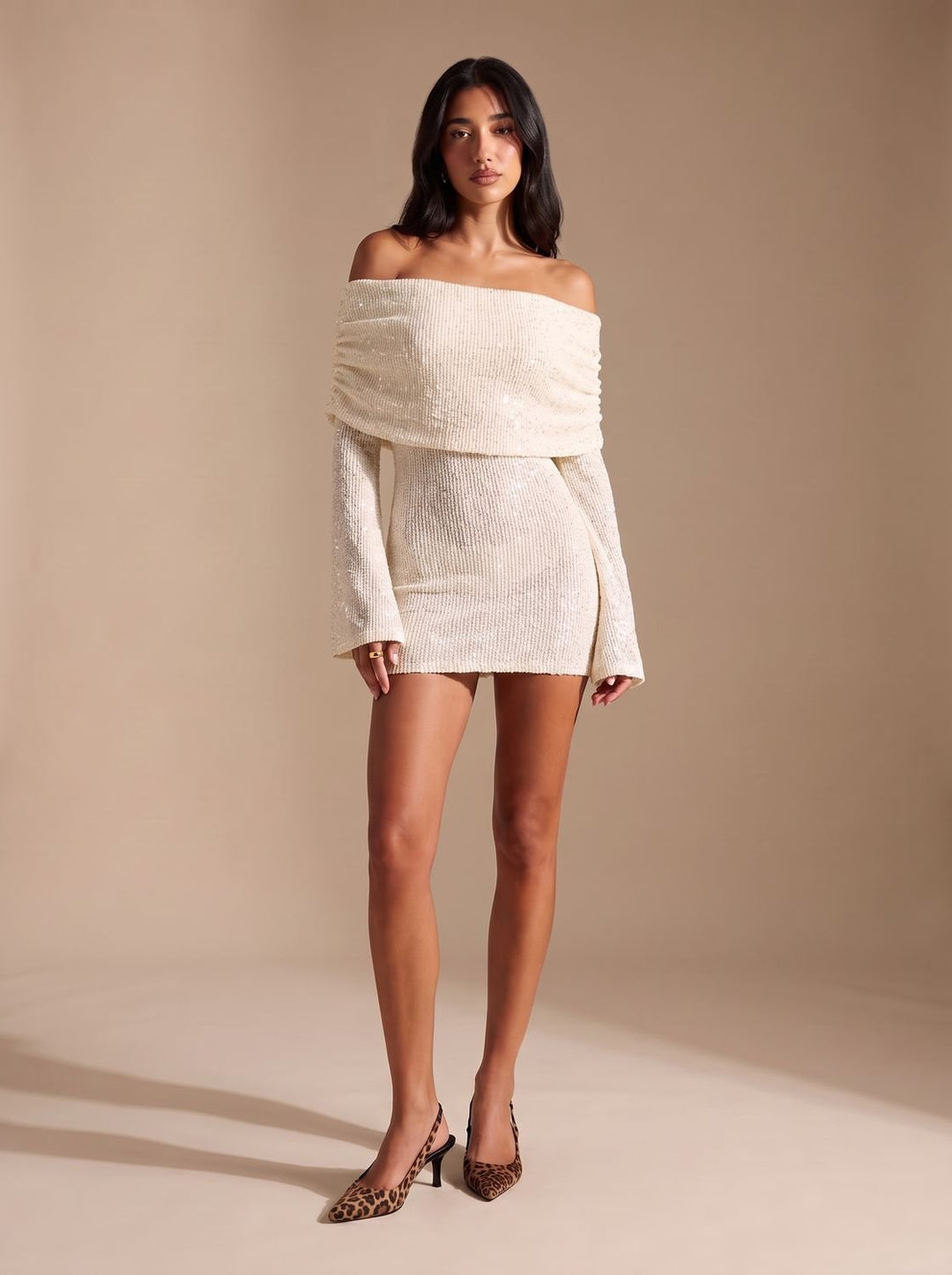 Aria | Off-Shoulder Mini Dress – Flared Long Sleeve for Women
