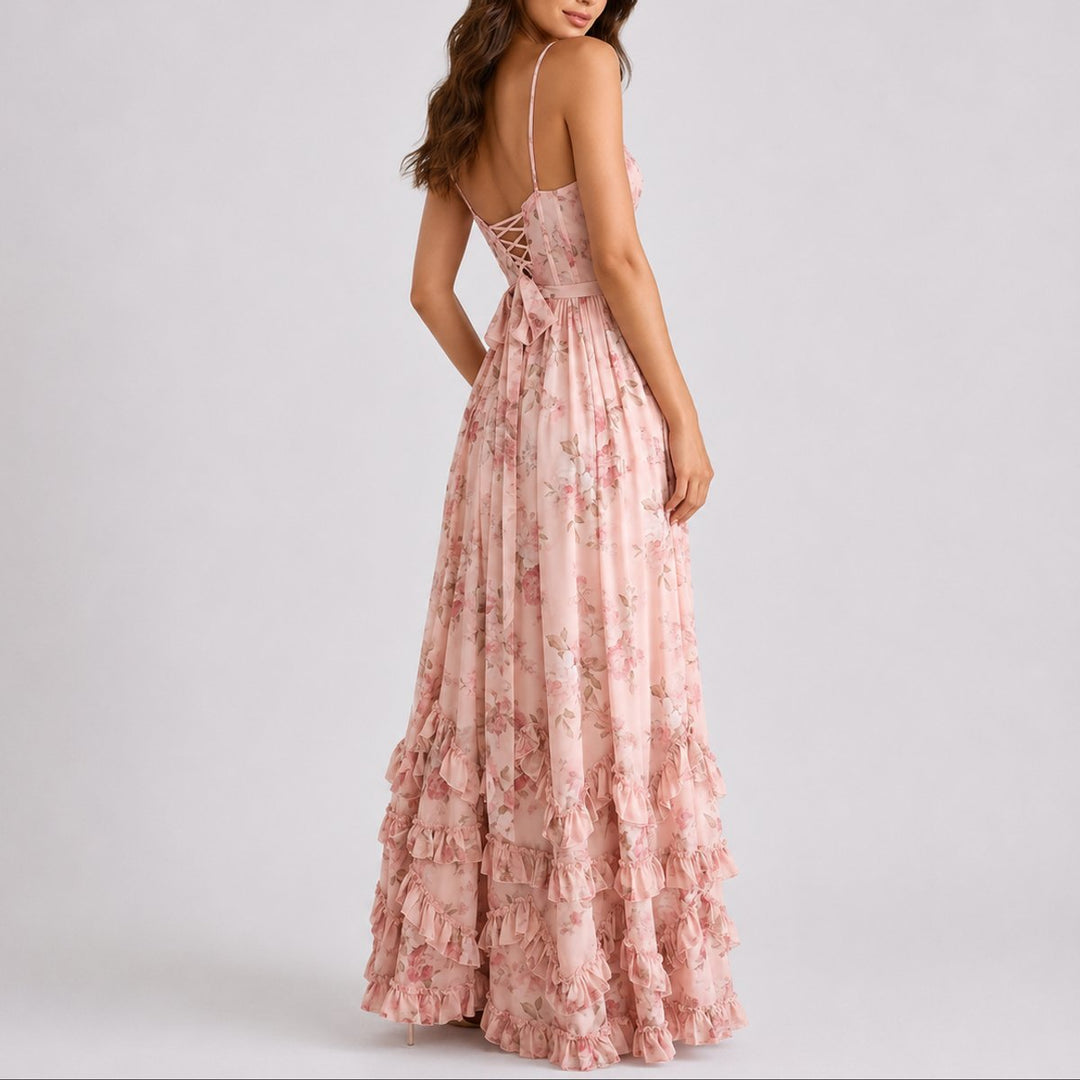 Alice | Robe longue romantique et décontractée à corset floral pour mariage d’automne