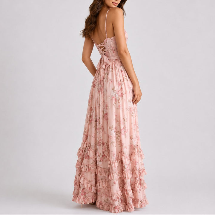 Alice | Robe longue romantique et décontractée à corset floral pour mariage d’automne