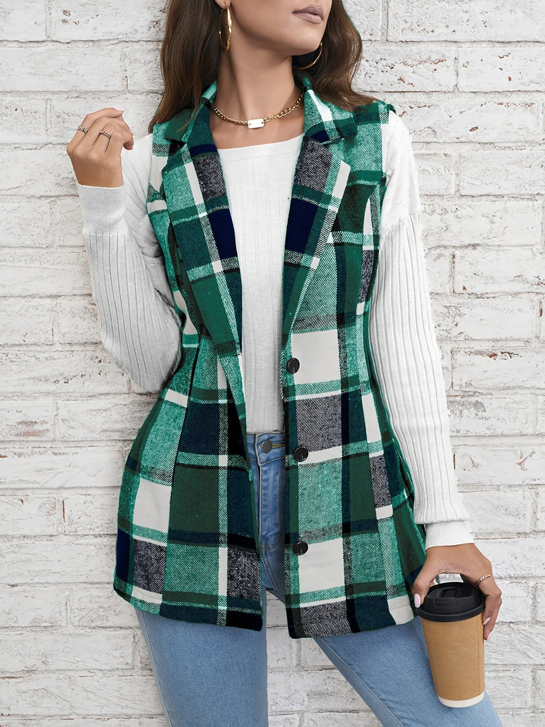 Christin | Gilet long élégant et intemporel à carreaux