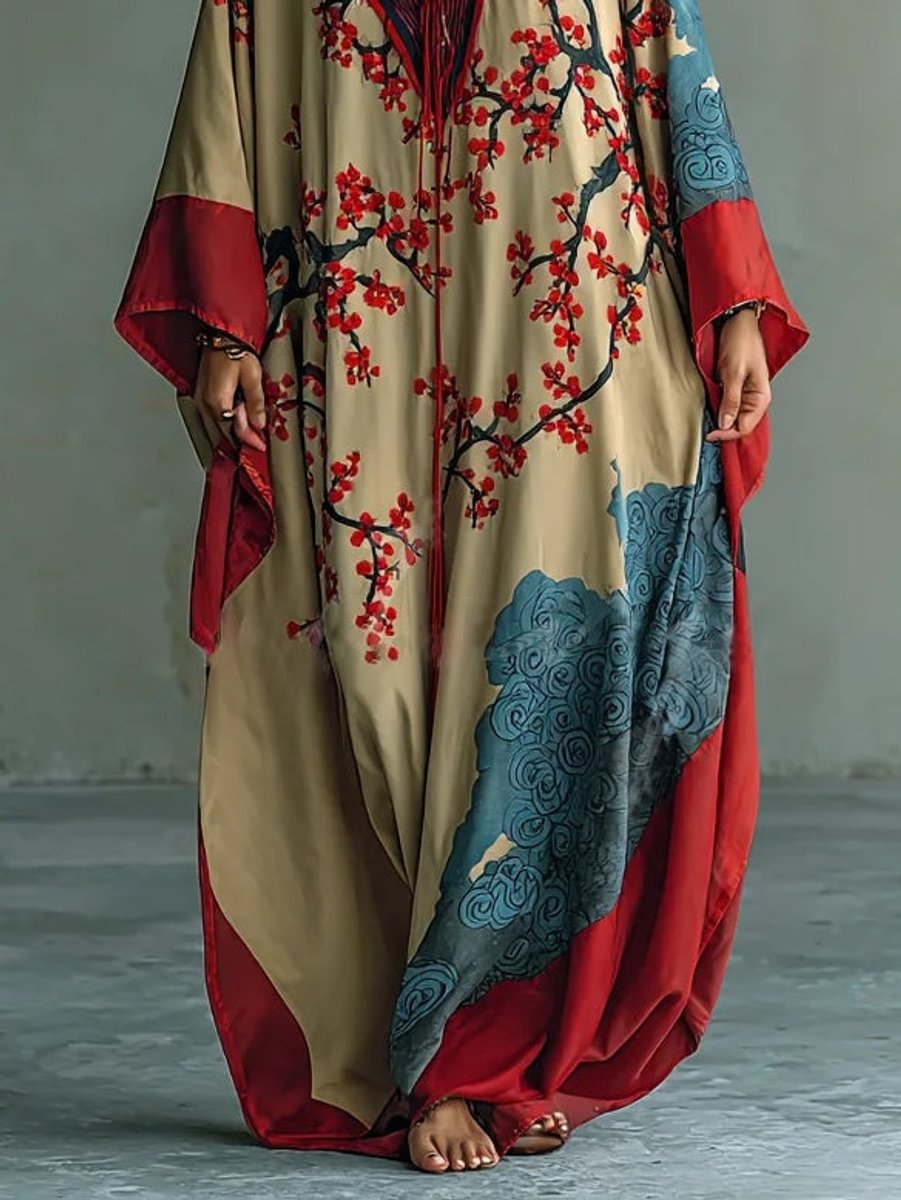 Seraphina | Robe longue élégante à motif floral japonais et manches longues