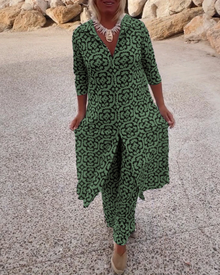 Lydia | Completo con tunica stampata con scollo a V e pantaloni a gamba larga