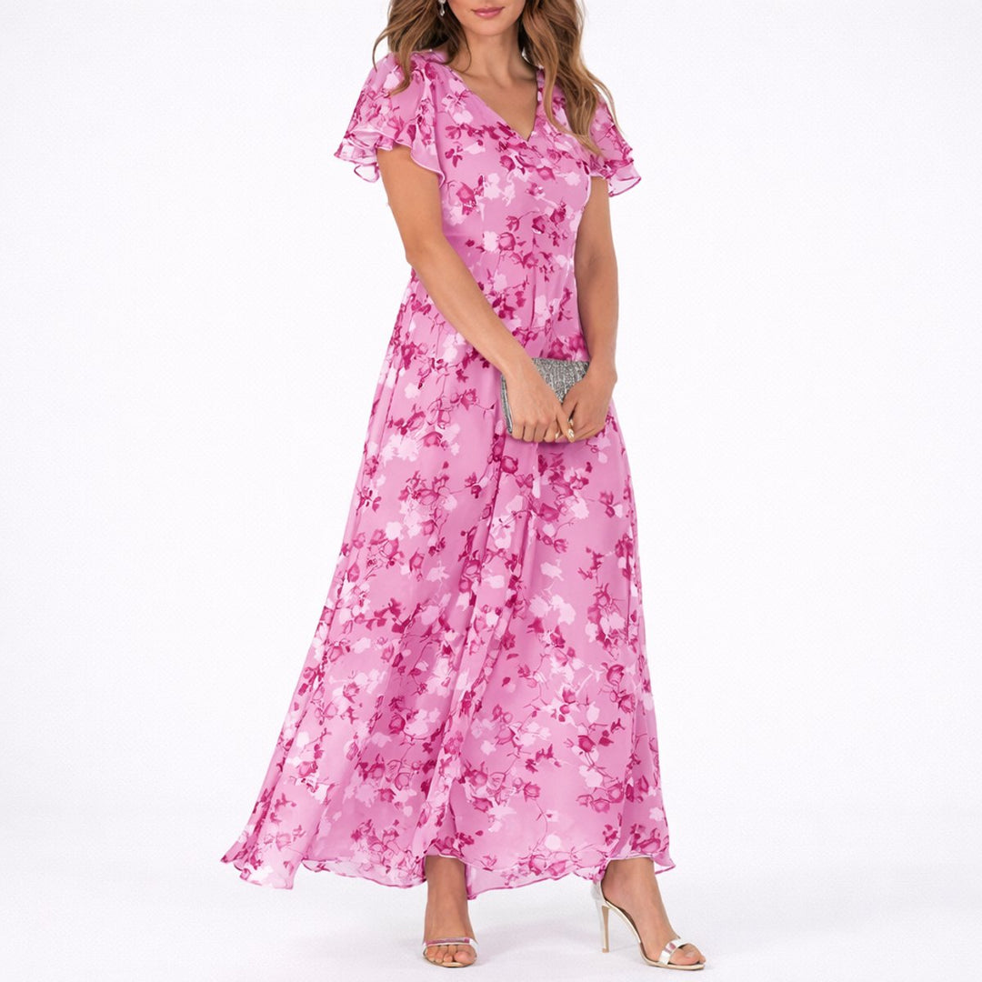 Katrin | Robe longue élégante et fluide à motifs floraux en mousseline pour mariage d’automne