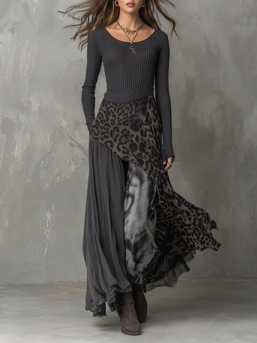 Franziska | Abito lungo moderno leopardato con maniche lunghe