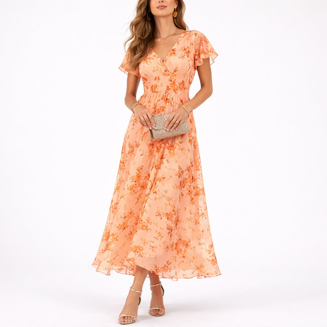 Katrin | Robe longue élégante et fluide à motifs floraux en mousseline pour mariage d’automne